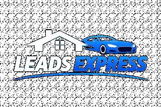Leads Express logo featuring a blue house and car icon with text indicating real estate and automotive lead generation services